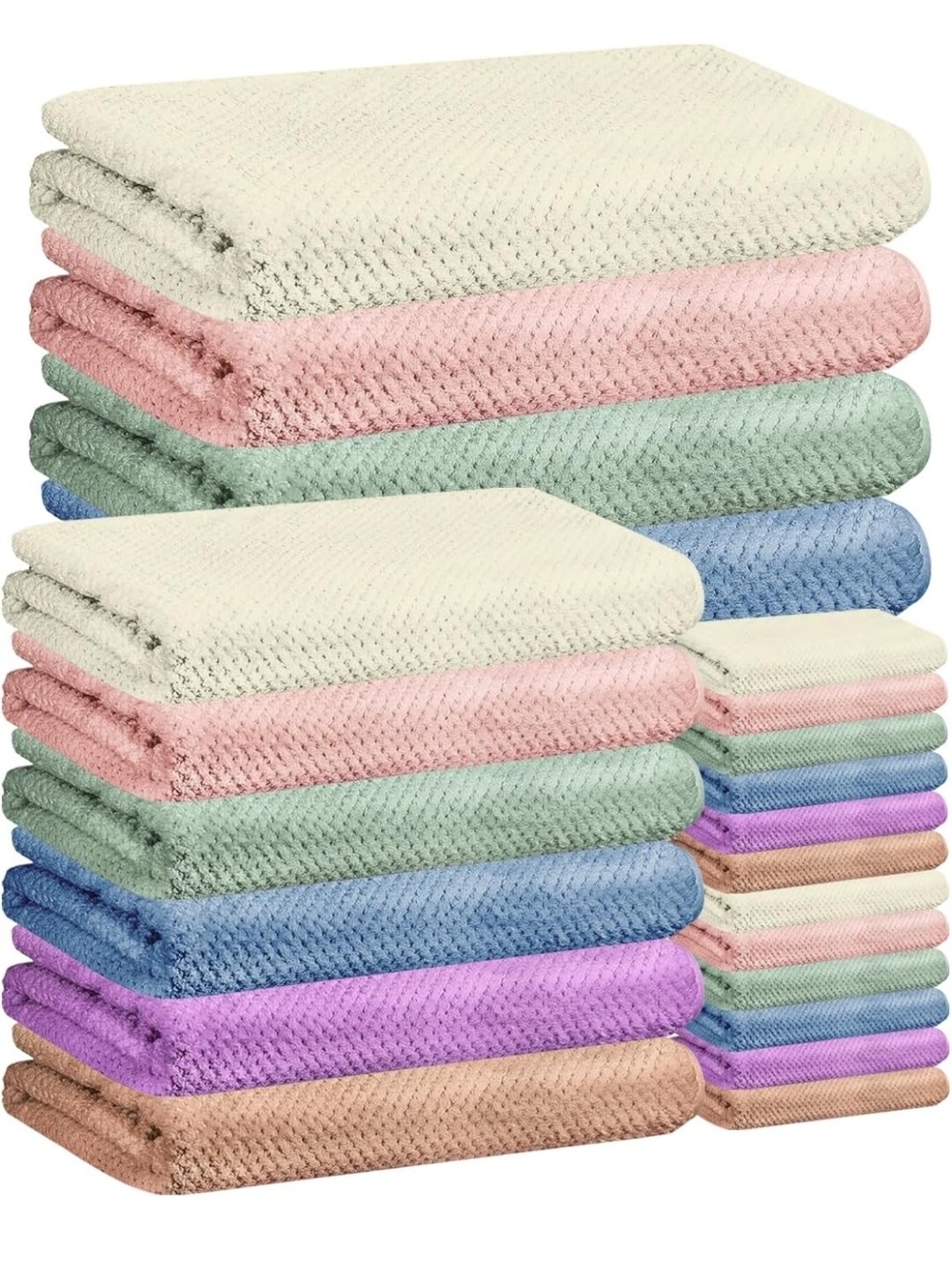 Plush Multicolor Waffle Knit Towel Set - Pastel Mix